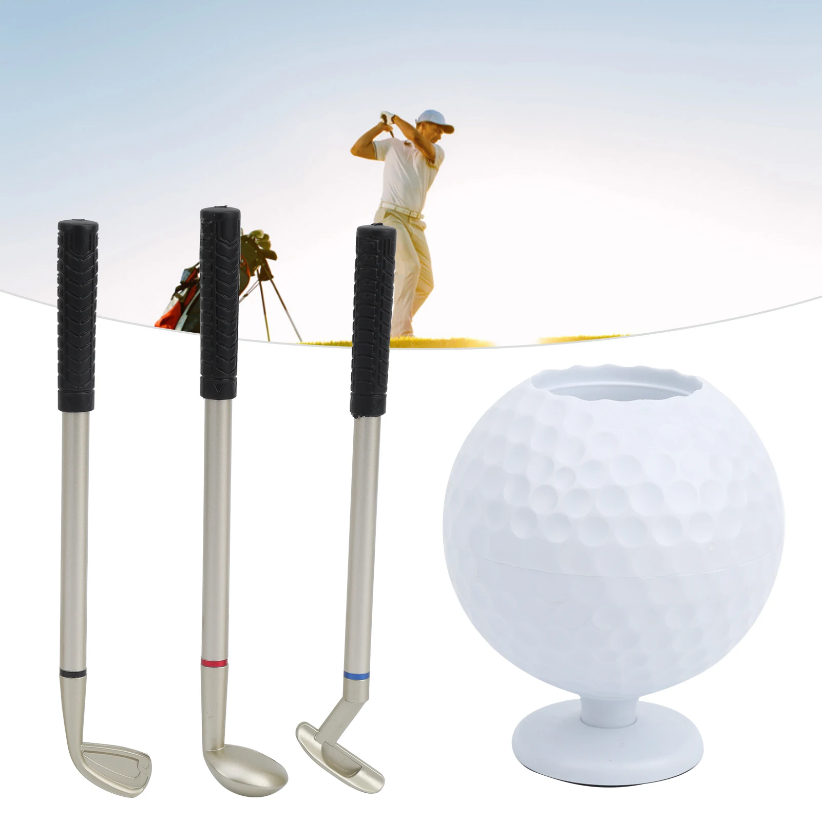 Mini Desktop Golf Ball Pen Holder with 3 Golf Cue Pens Plastic Golfer Souvenir Set Gift