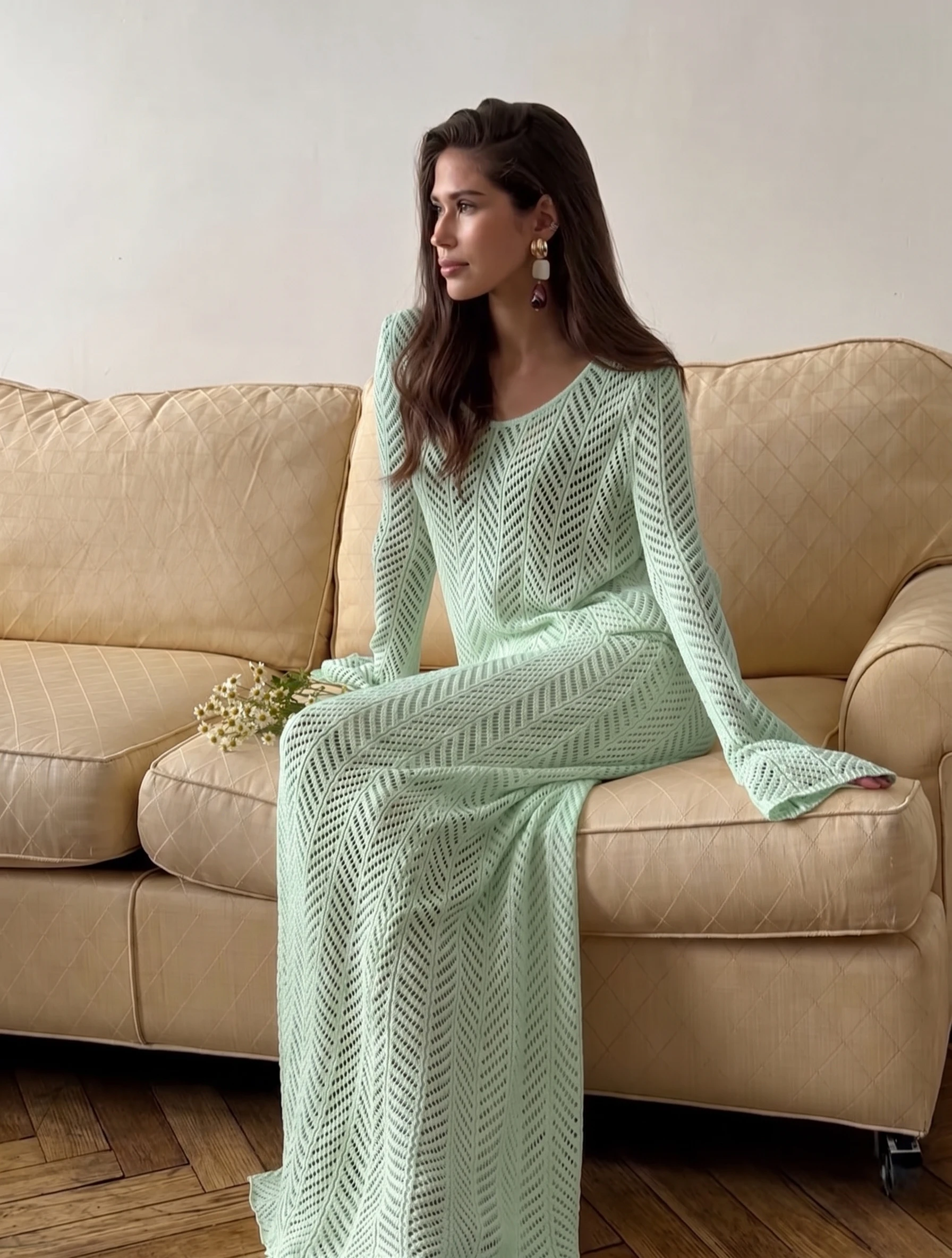 2026 New Vacation Style Hollow Knitted Half Skirt Pure Cotton Hollow Long Sleeve Top Two Piece Set