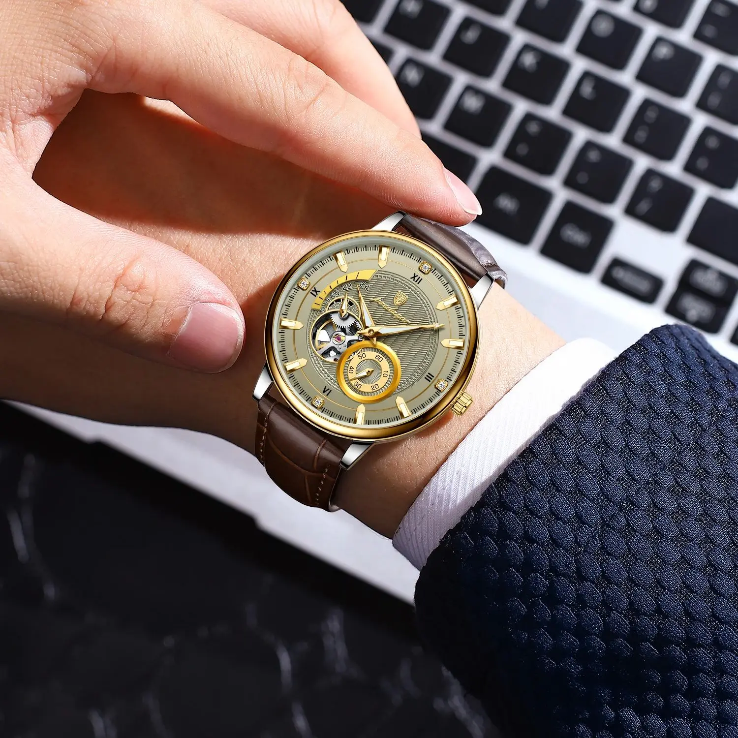 POEDAGAR ساعة رياضية فاخرة للرجال مقاومة للماء ساعة رجالية مضيئة توربيون مجوفة أوتوماتيكية ميكانيكية جلدية ساعات رجالية ذكر