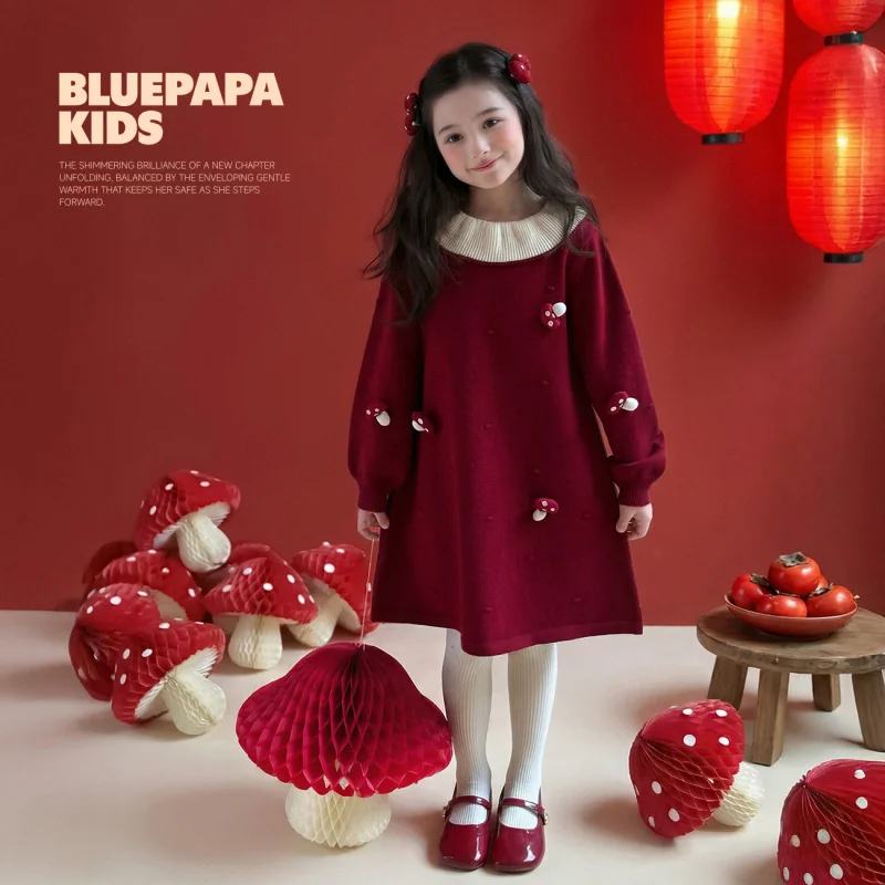 

Yuchen Детская одежда Красное платье для девочек2025Зимнее новое стильное детское модное вязаное платье-свитер