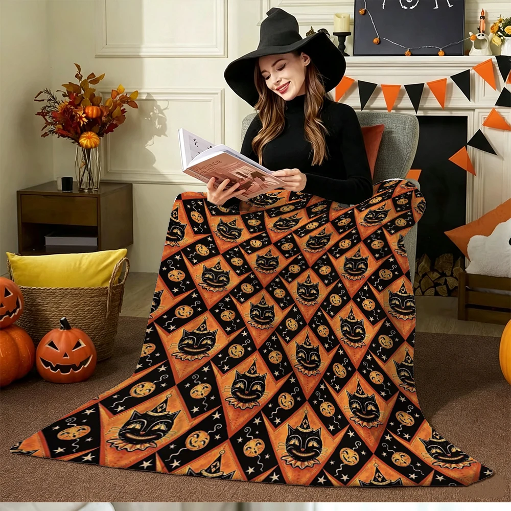 Halloween Flannel Throw Blanket, Black Cat Witch Hat Pumpkin Pattern, Soft Warm Fleece Blanket for Sofa Bed Home Decor