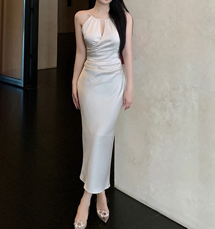 فستان أنيق مفرغ من الساتان الأبيض بدون أكمام بتصميم ملفوف على الخصر على الطراز الفرنسي فستان طويل للنساء في منتصف العشرينات #4