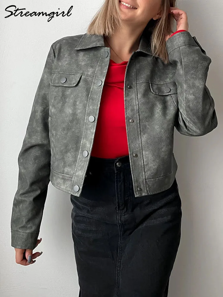 Women\'s Leather Jackets With Pockets Casual Thin Outerwears Red Cropped Coats Slim Short Imitation Leather Jackets For Ladies