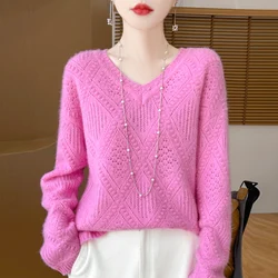 New women's V-neck cashmere sweater in autumn and winter Korean version of loose hollow 100% pure wool sweater bottoming shirt.