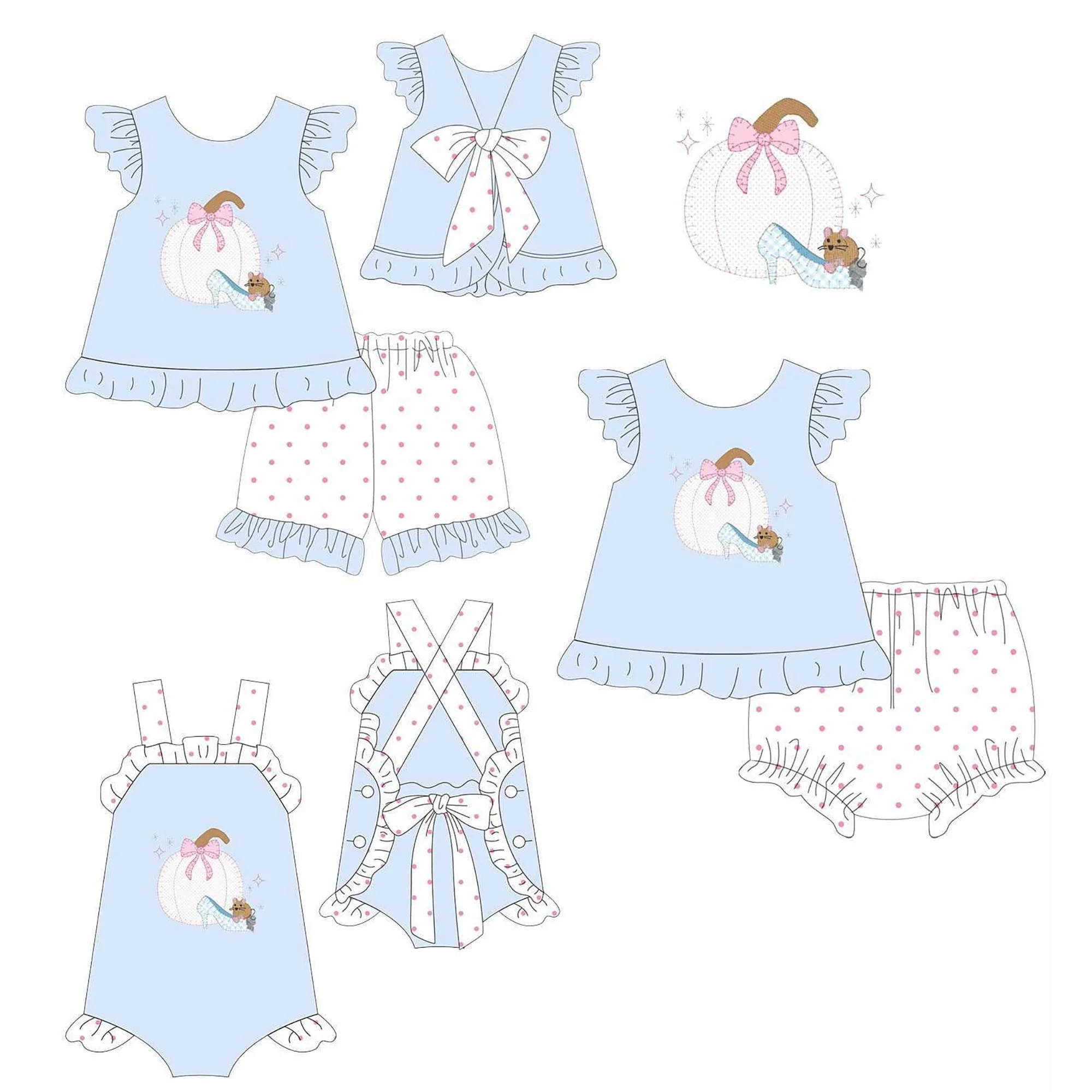 Girl Blue Princess Outfit Pumpkin Print Ruffle Sleeve Top Baby Romper Pink Polka Dot Shorts Sets Toddler Casual Clothes view 6
