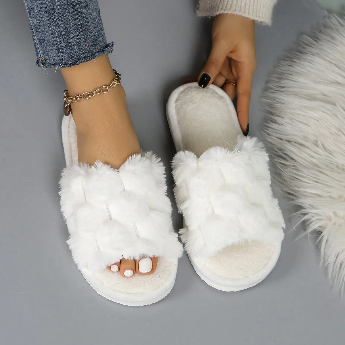 

Women's Plush Slippers, Autumn And Winter Indoor Slippers, Open Toe, Comfortable, Breathable, Can Be Worn All Year Round