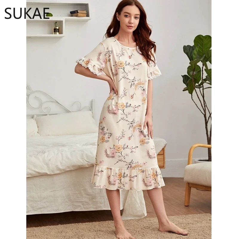 Floral Vintage Court Style Beige Flower Women Nightgown Summer Milk Silk Long Sleepshirt Homedress Elegant Dress Chic Nightdress