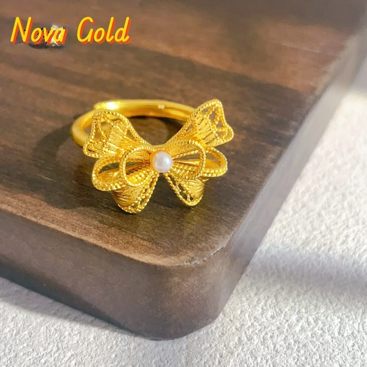 

NovaGlod Filigree Bow Open Ring Women's 24K Gold AU999 - 24K pure gold bow filigree ring, eye-catching shine, charming dating ac