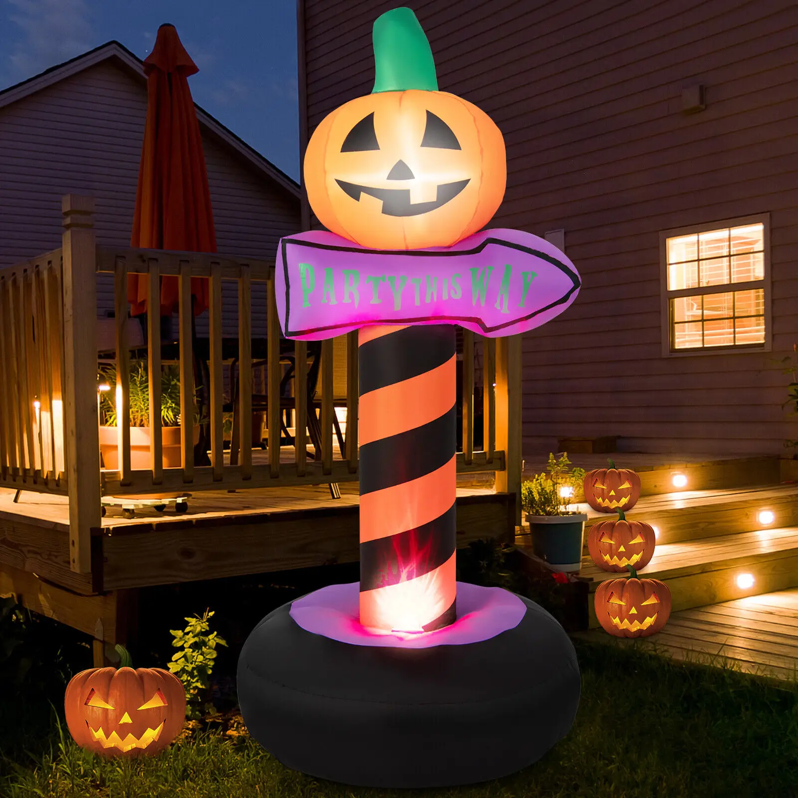 Costway 6 FT Halloween Inflatable Pumpkin Road Sign Festival Decor w/Rotating Flame Lamp