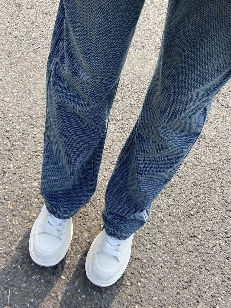 

American High Street Retro Blue Woven Denim Jeans Women's High Waist Slimming Tall Extended Straight Leg Floor-Length Pants