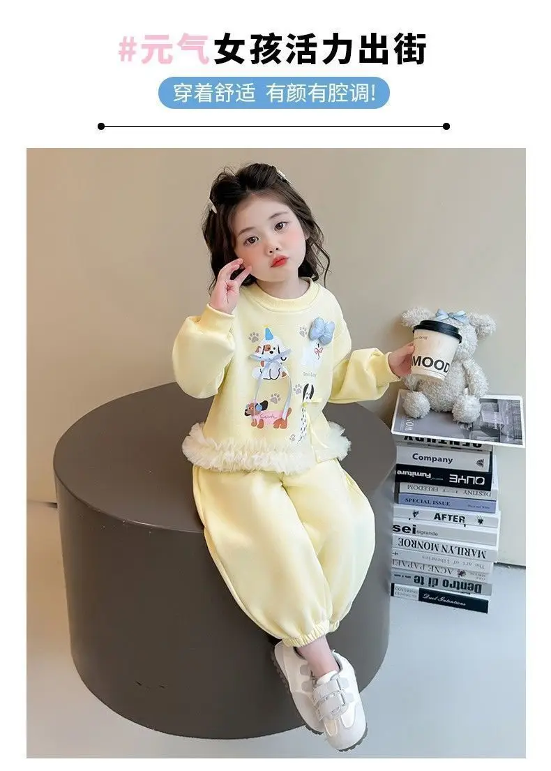 Neue Herbst-Babykleidungssets für Mädchen, niedliche Kinder-Sweatshirts mit Welpenmuster und Spitzenrüschen am Saum + Hosen, 2-teilige Freizeit-Outfits für Kinder, Prinzessinnen-Look – Detail 1