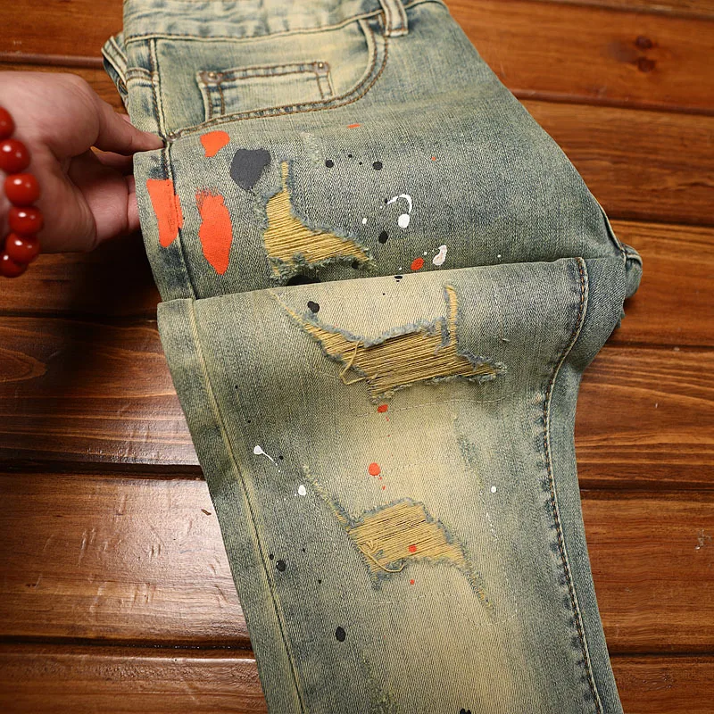 

Retro ripped jeans for men, slim fit with small feet, trendy paint printing, Street Fashion Design, vintage denim pants