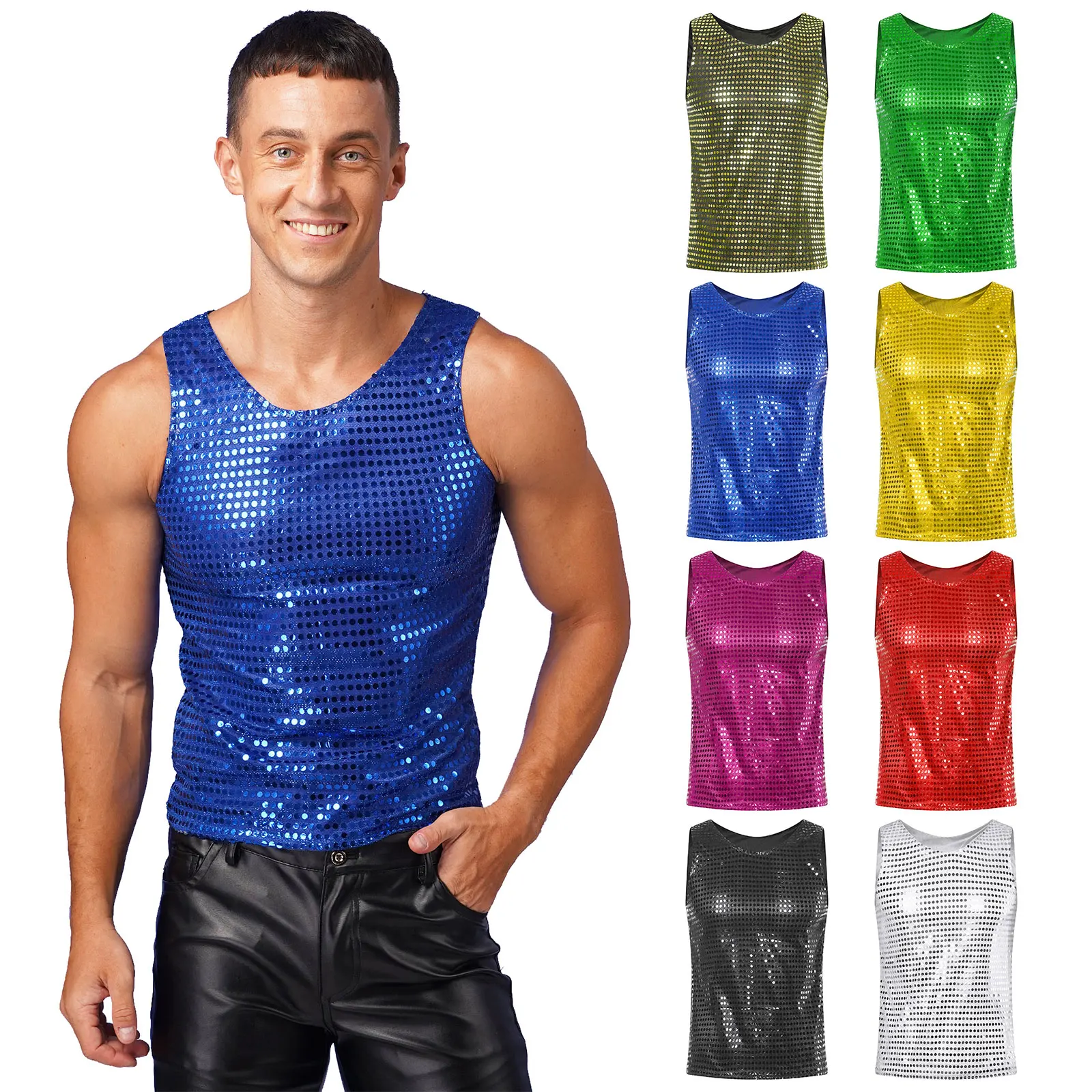 2023 New Mens T-shirts Shiny Sequins Sleeveless Loose Tank Tops Fashion Christmas Performance Clothing Nightclub Party Waistcoat