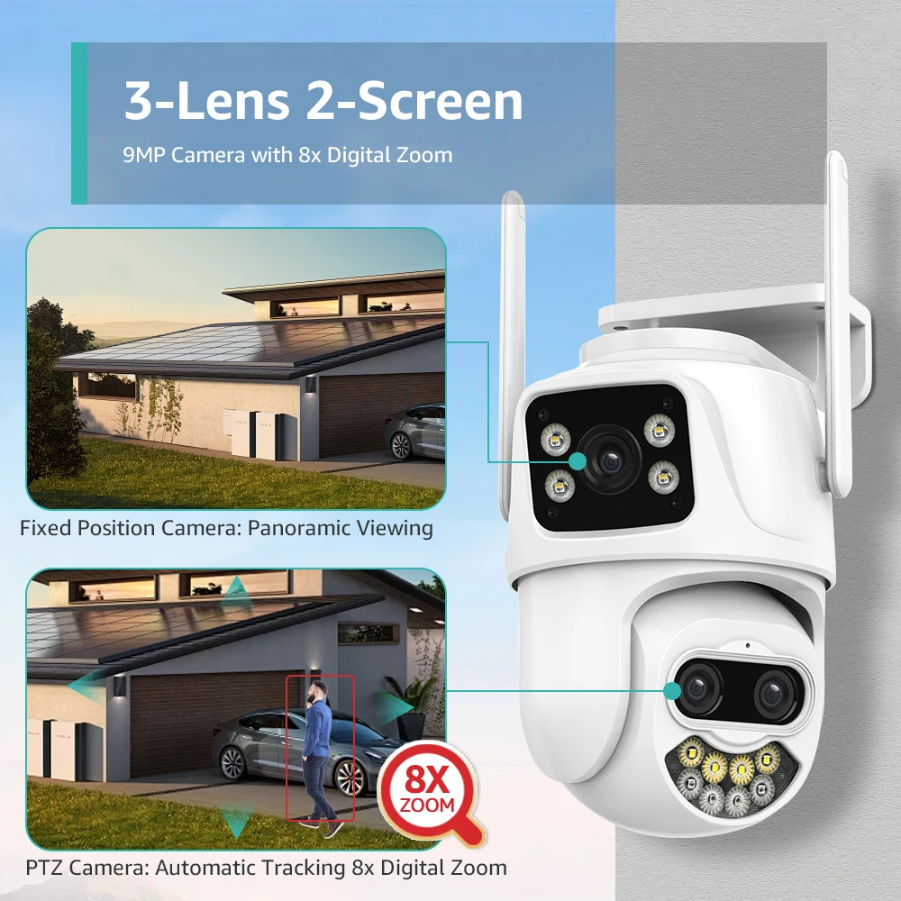 9MP 6MP Wifi Camera Outdoor PTZ Dual-Lens Dual-Screen Ai Humanoid Detection Auto Tracking Onvif Surveillance Camera iCSee App