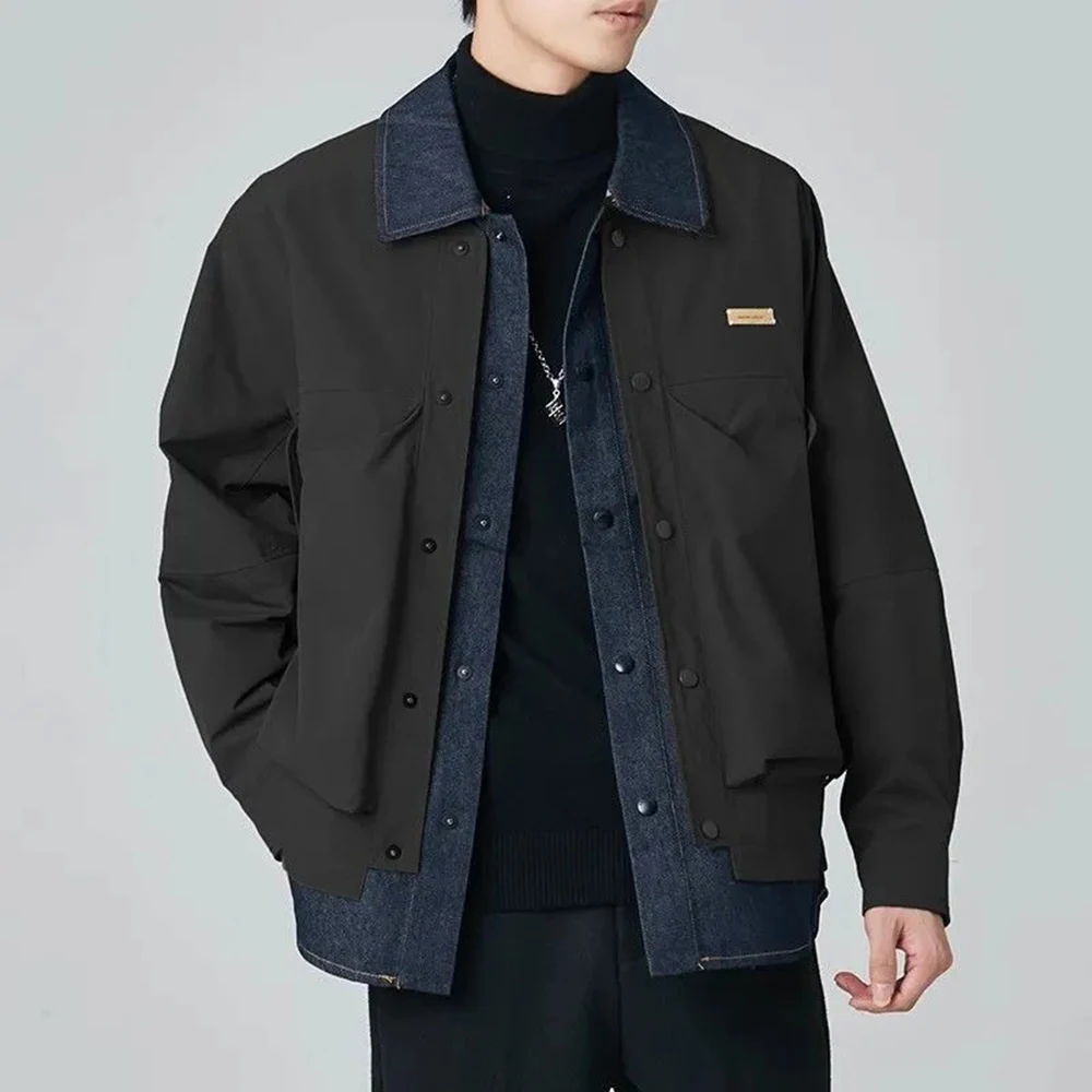 Mens High-Grade Denim Patchwork Jacket Coat Spring And Autumn New Fashion Trend Loose Lapel Fake Two-Piece Workwear Tops Men