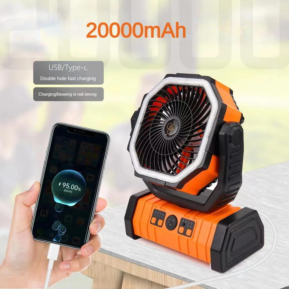 Portable Rechargeable Desk/Camping Fan with LED Light and Hook 20000mAh Battery Operated Fan Outdoor Fan for Tent Car Trip