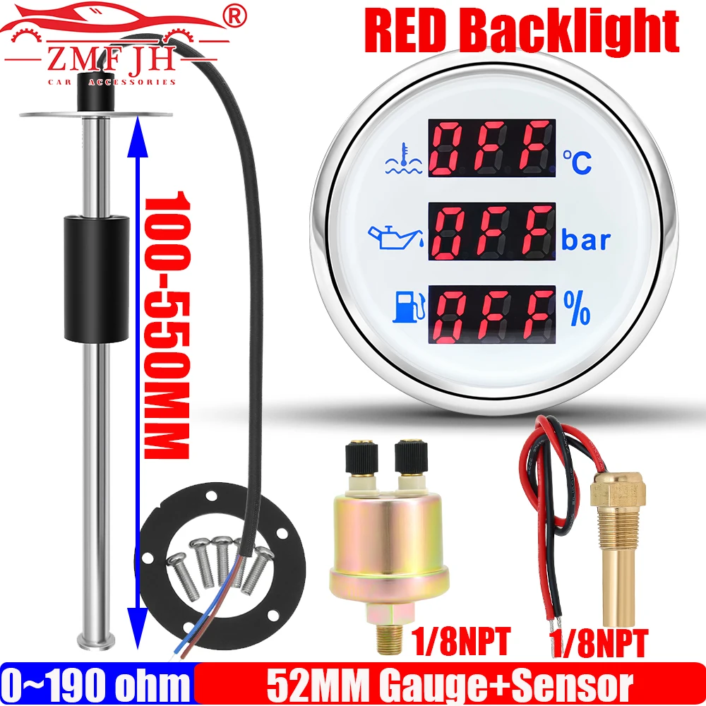 

ZMFJH Multi 52MM Gauge Digital Water Temperature+Oil Pressure Meter+Fuel Level Gauge with Alarm Red Light Oil Sensor 100-550mm