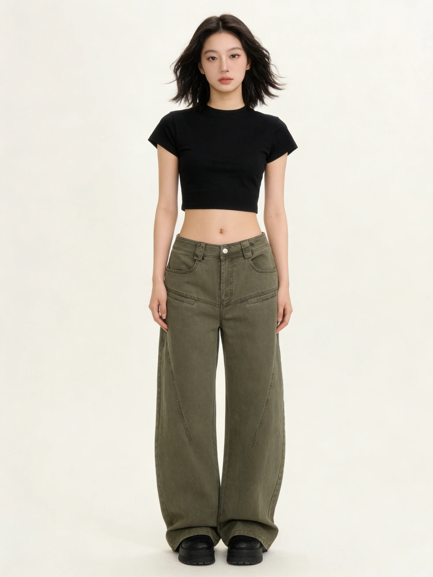 

High Waist Wide Leg Pants Casual Pure Cotton American Retro Green Workwear Women's Spring 2026 New Style Comfortable Trousers