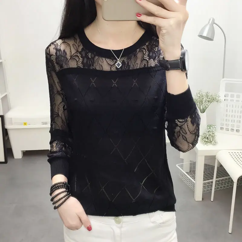 2022 Spring Summer Thin Long Sleeve Argyle Pattern Knitted Jumpers Women\'s Fashion All-match O-Neck Lace Spliced Solid Sweaters