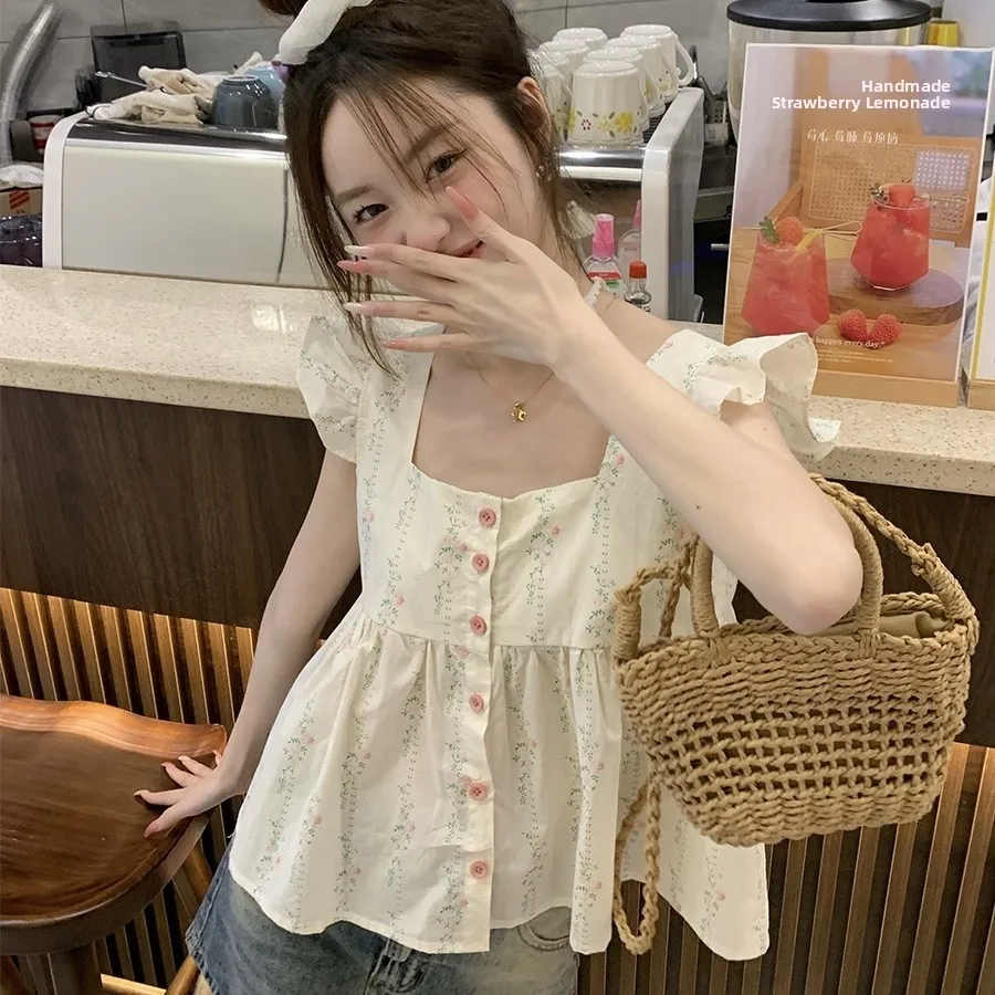 

Summer ort Doll irt Lace Trim Vest Flng Sve Floral Strap Women's Svel Top Commute Sle Button Print Poly...