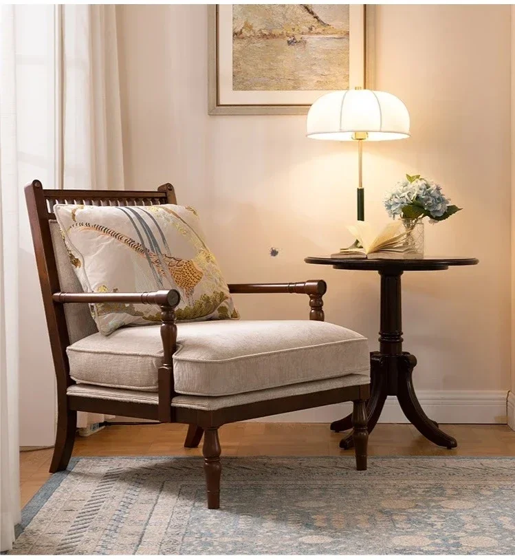 

A15 Французский Ретро Твердый Деревянный Одиночный Диван Американский Кантри Ткань Стул С Открытой Спинкой Повседневный Ремень Подлокотник Стул