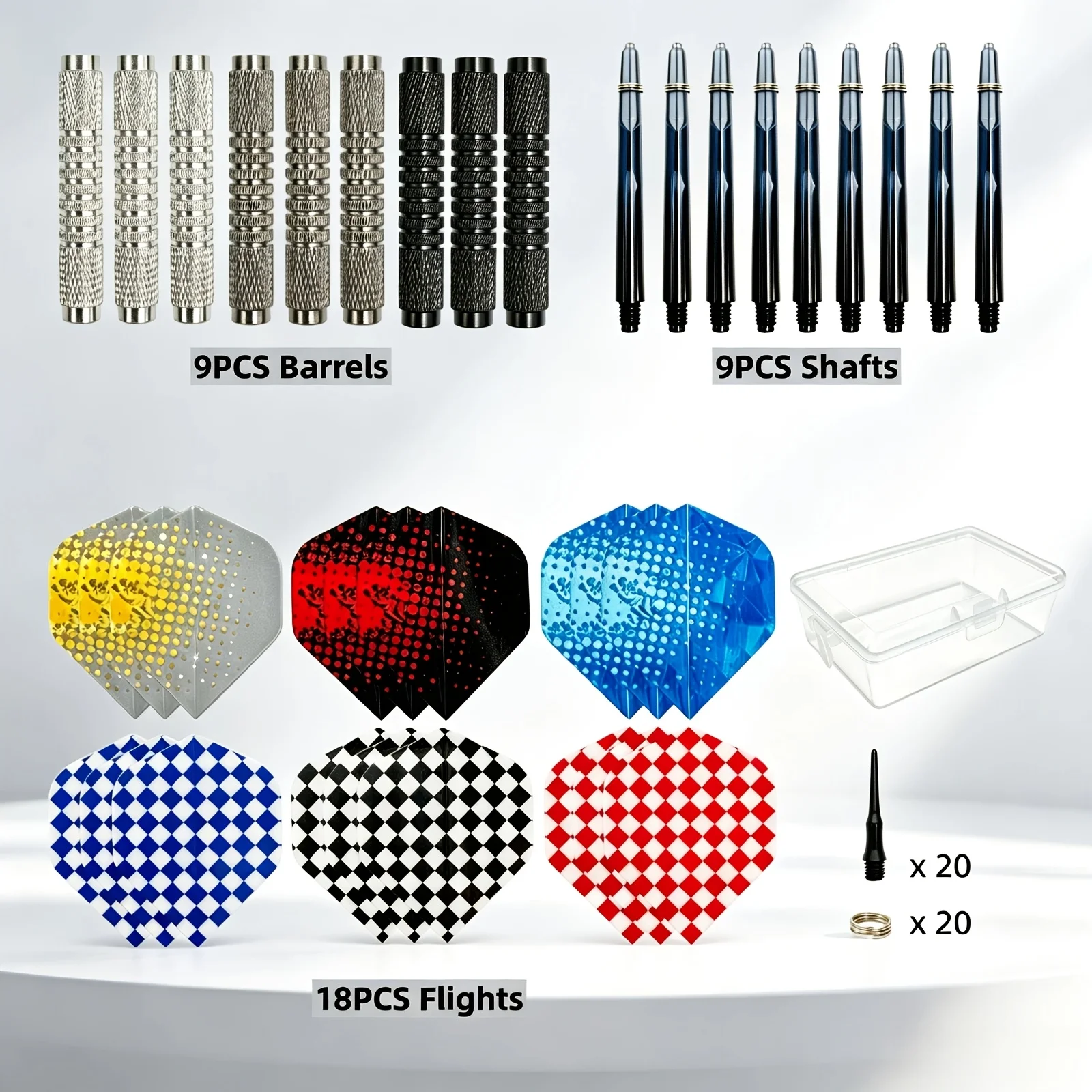 14g Soft-Tip Dart-Set, 9-teiliges Set, Plastikspitzen-Dart, mit 6 Arten von PET-Flügeln, 20 Ersatz-Soft-Tips und 20 O-Ringen
