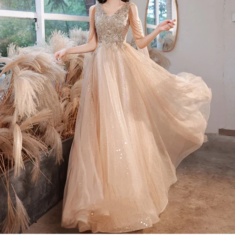 Gorgeous Gold Luxury Slim Evening Dress Strapless Slim Wedding Trailing 2023 New Tulle Floor Length Formal Banquet Gowns