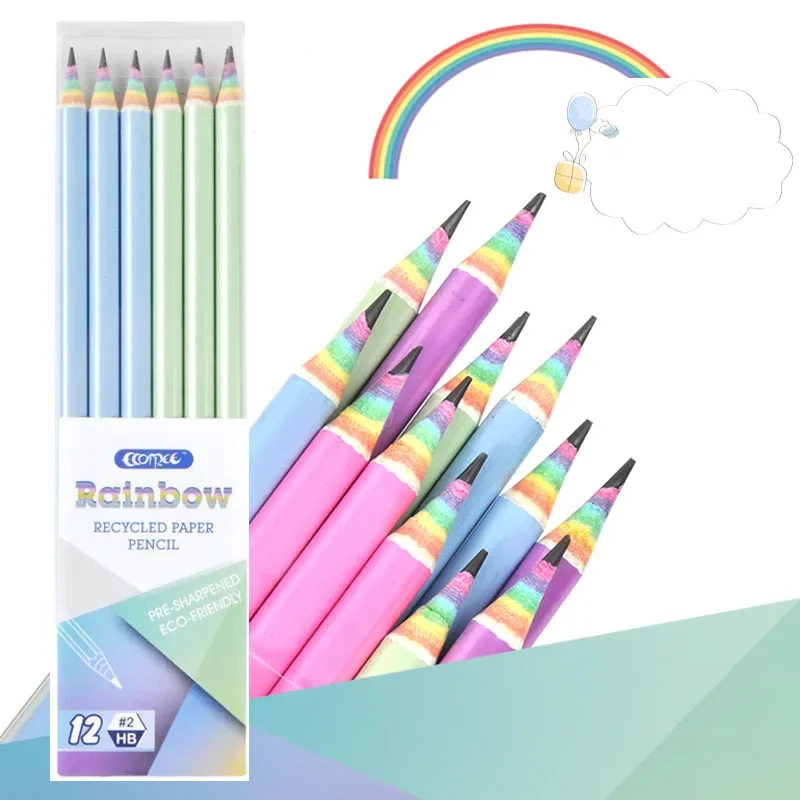 12 Rainbow Paper Pencil Set Children's Writing and Painting HB Professional Art Sketch Comic Pen Office School Supplies