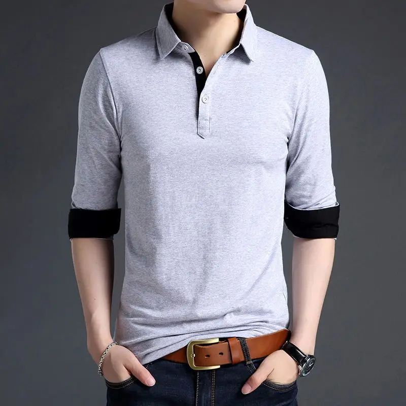 

Spring Korean Business Casual Long Sleeve Polo Shirt Men Lapel Print Button Patchwork Screw Thread Loose Cotton Top JJ239