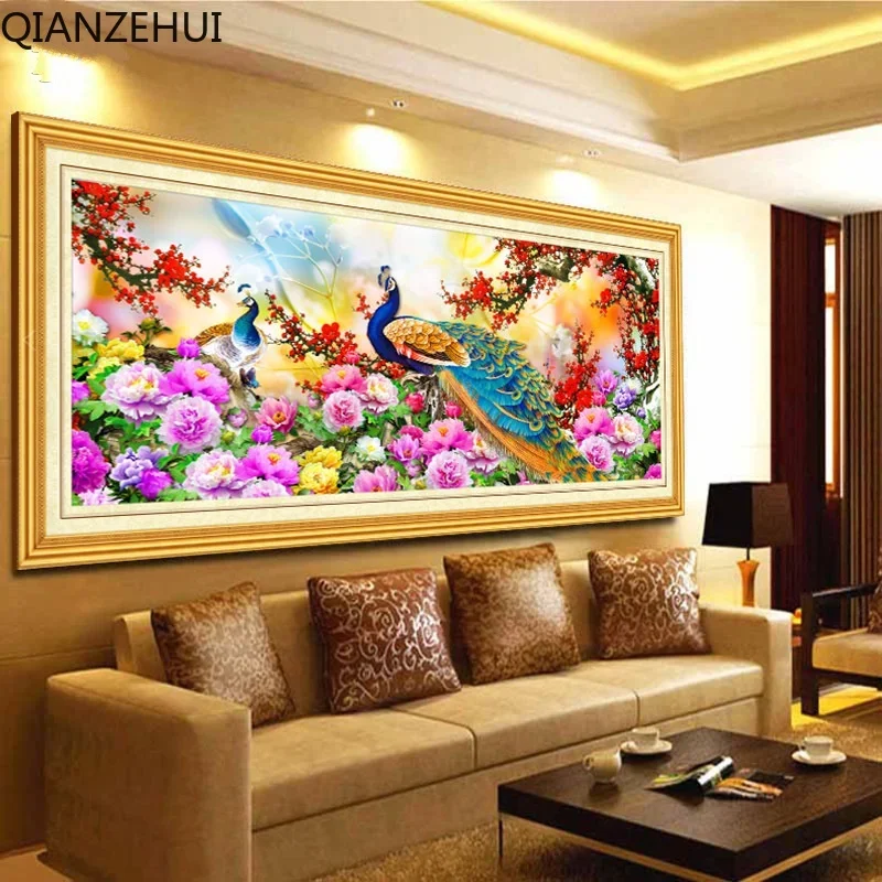 DIY Cotton Thread 11CT Printed Plum Peacock Peony living room full embroidery Cross Stitch Kits Embroidery Needlework