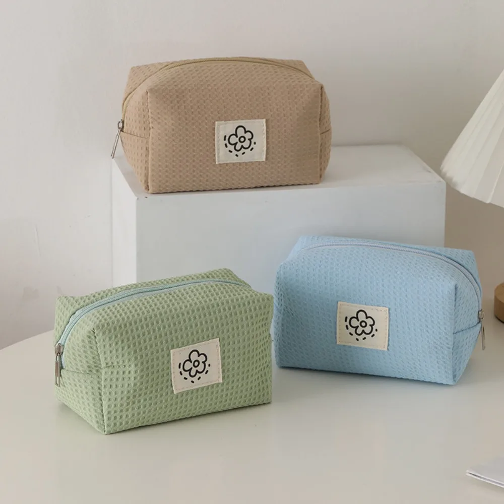 

Cute Zipper Cosmetic Bag Large Capacity Floral Lable Pencil Cases Waffle Plaid Coin Purse Girls
