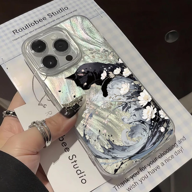 Spring Series Pear Blossom Black Cat Phone Case For Xiaomi 14T Pro 11 Lite 5G NE 14T 13T Shockproof Silicone Bumper Cases Cover