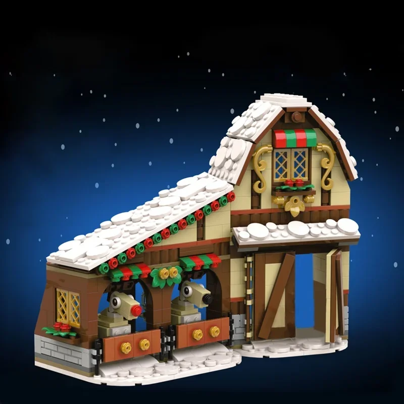 593pcs MOC Christmas Reindeer Stable Winter Seasonal Model Building Blocks Architecture Gift Assemble Education Toys Brick Kids