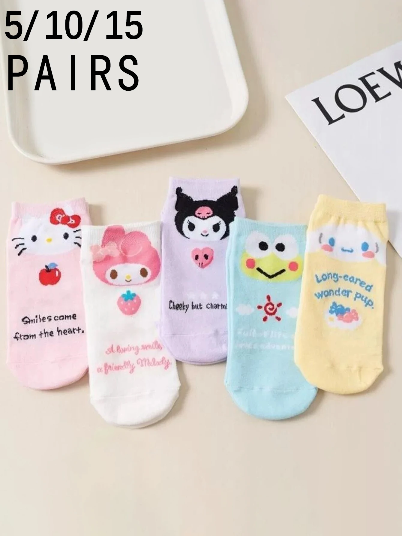 

5/10/15 Pairs miniso new Korean version sanrio Cartoon pattern Cute and sweet Women's short socks