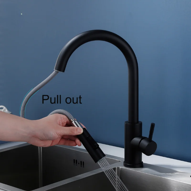 

Matte Black Kitchen Faucet Cold and Hot Mixer Pull Out Two Function Deck Mounted Tap With Free Hose