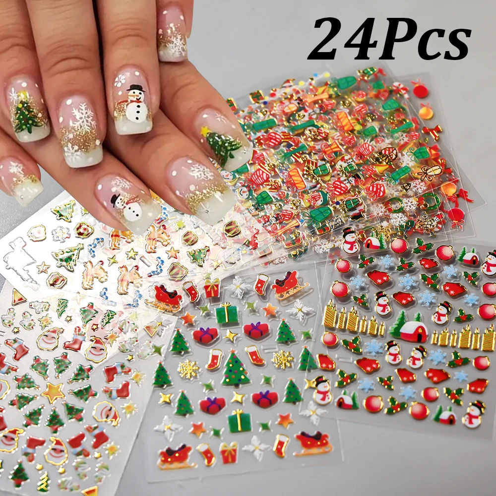 

24/30Pcs Bronzing Gold Christmas Nail Art Sticker 3D Snowflake/Santa Claus/Elk/Snowman Nail Decals Adhesive Xmas Nail Supplies#@