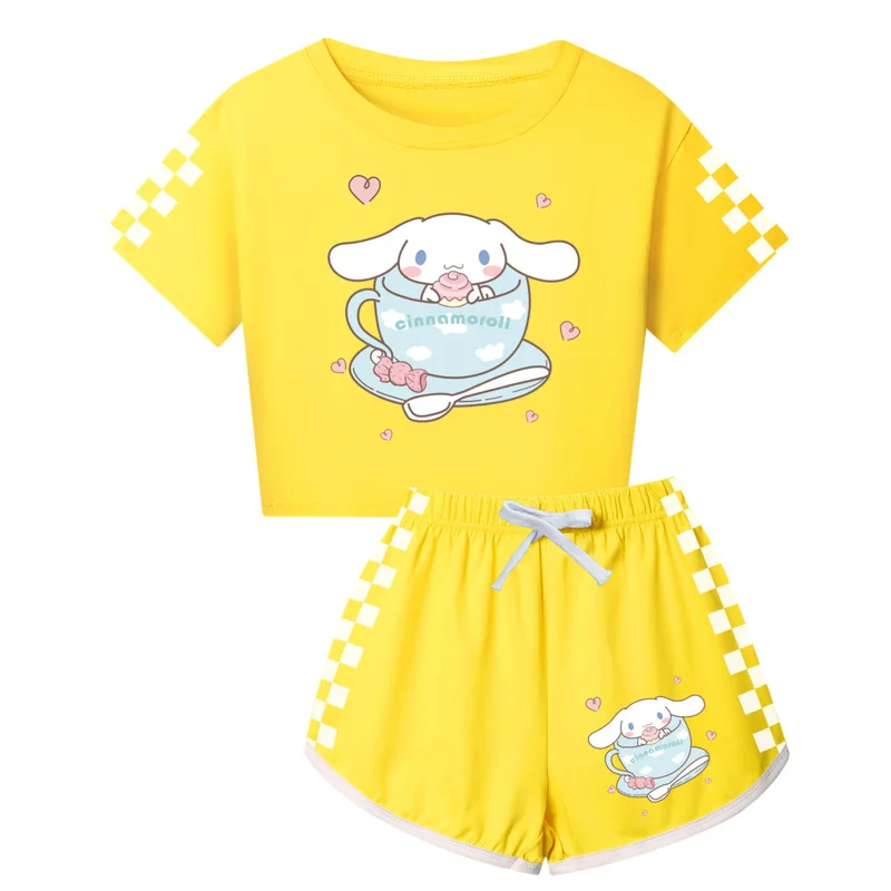 New Girls Cartoon T-shirts And Shorts Set Cinnamoroll Kuromi Soft Pajamas Short Sleeve Set Summer Sport Clothes Homewear Gift