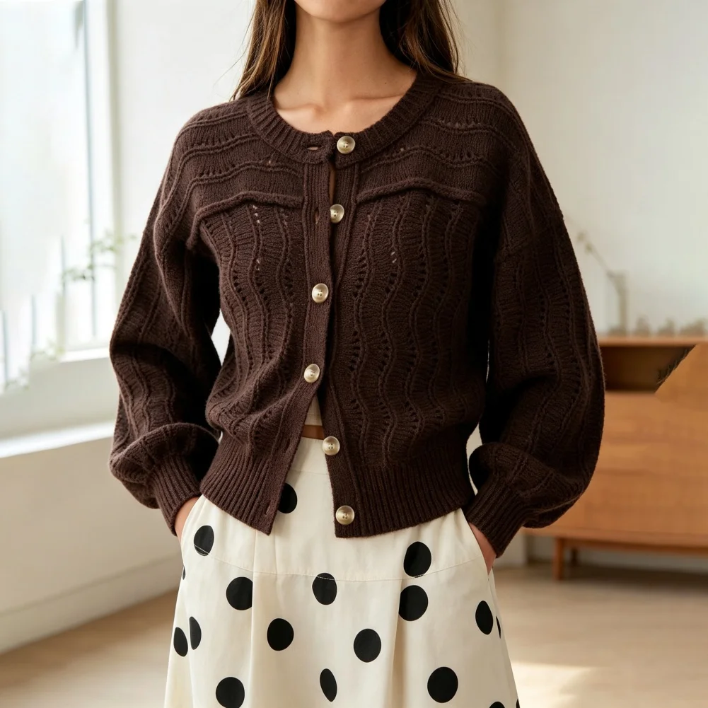 Openwork Wavy Pattern Short Sleeve Round Neck Knit Sweater for Women Ideal for Beach Vacation and Warm Weather