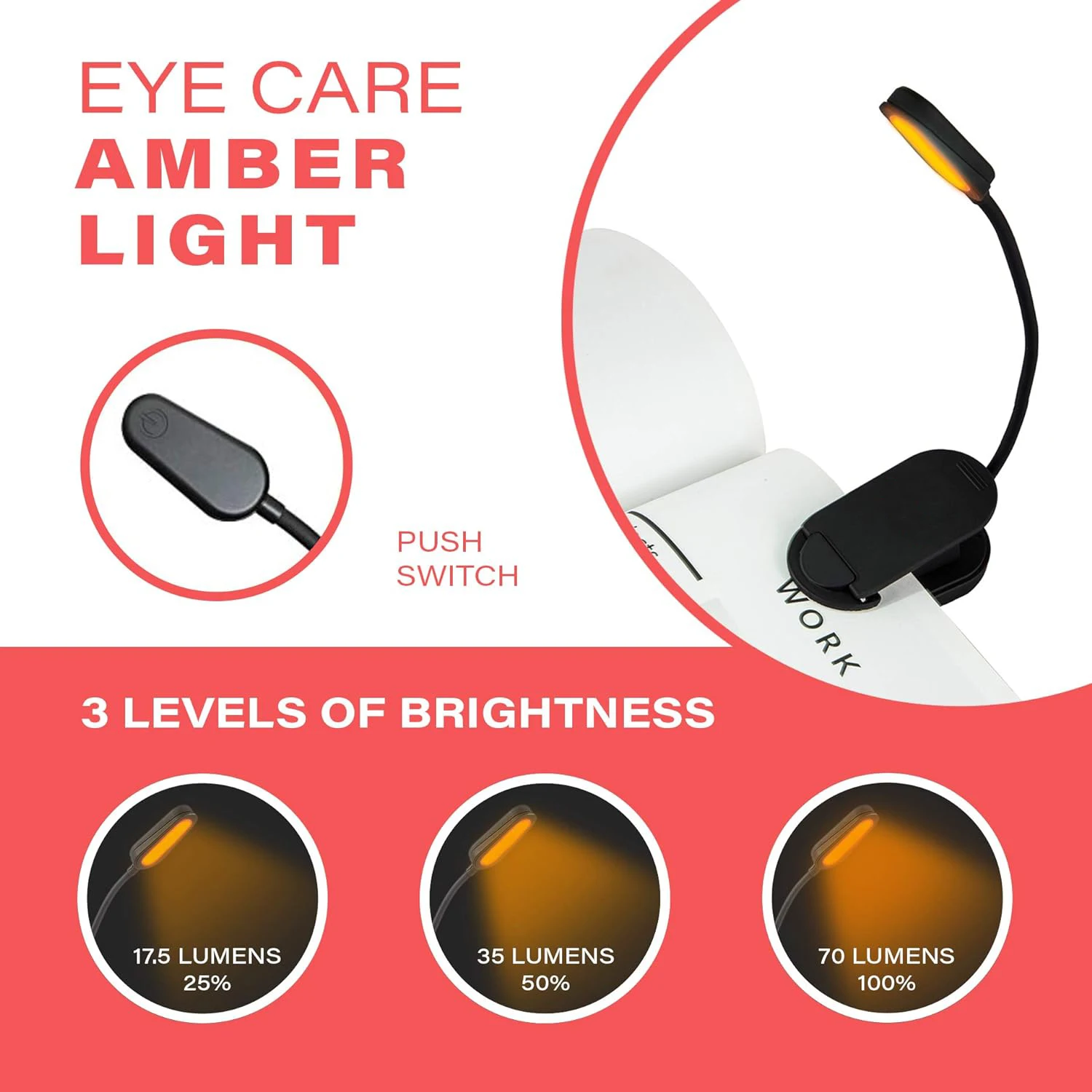 Rechargeable Clip On Blue Blocking Amber LED Light for Reading in Bed 1600K Eye Care Light for Strain-Free Healthy Eyes