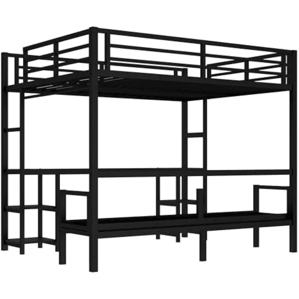 Bellemave Futon bunk Bed Twin XL Over Queen، سرير علوي كوين مع فوتون ومكتب وأرفف، سرير علوي مع Des Kand LED وUSB،