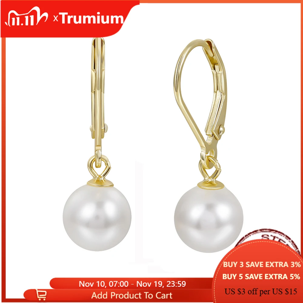 

Trumium 8mm 100% Sterling Silver 925 Round Pearl Drop Earrings Jewelry for Woman Girl Leverback Dangle Studs серьги женские