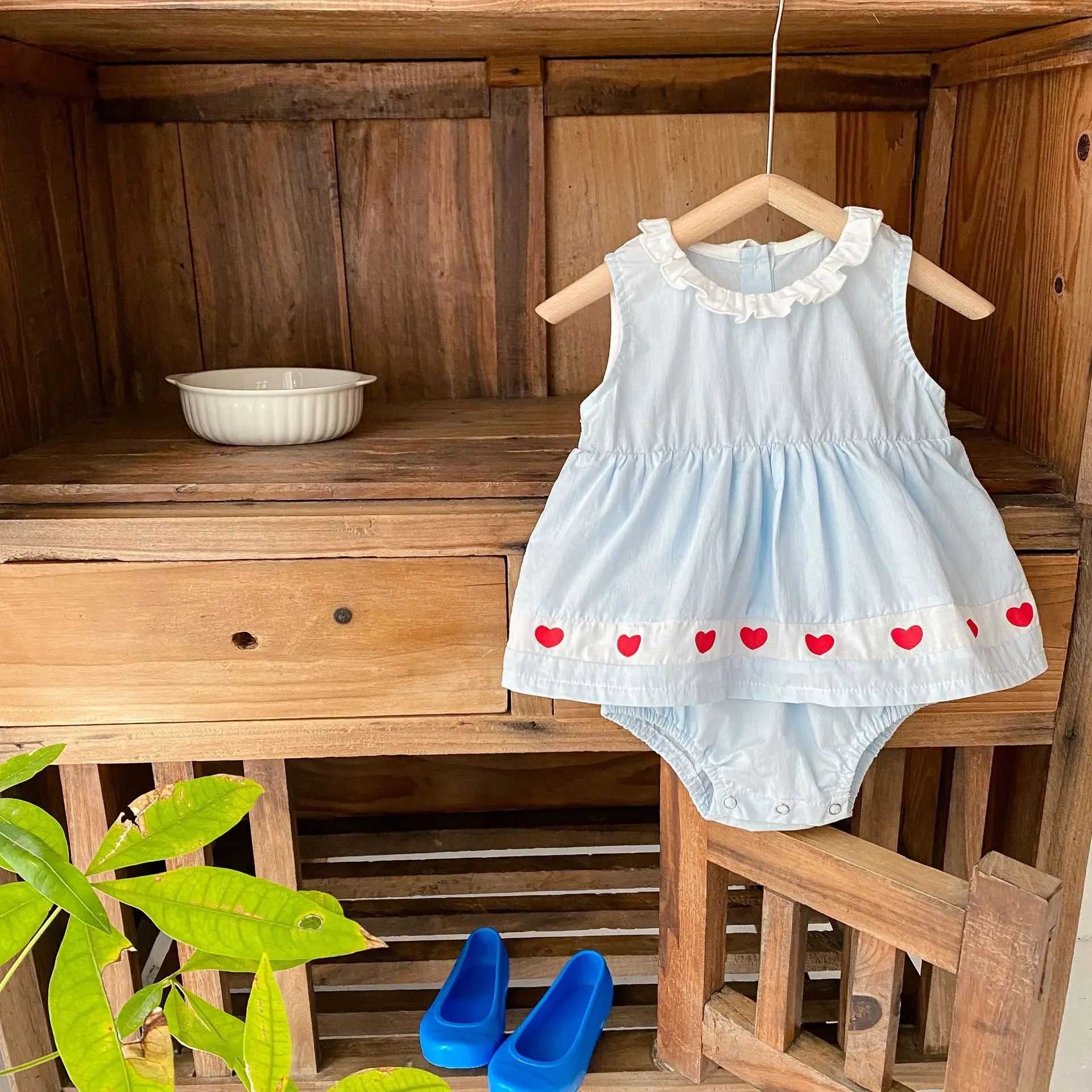 

Baby Lace Collar Patchwork Love Rompers Sweet and Cute 2025 Summer Fashion All-match Casual Blue Rompers
