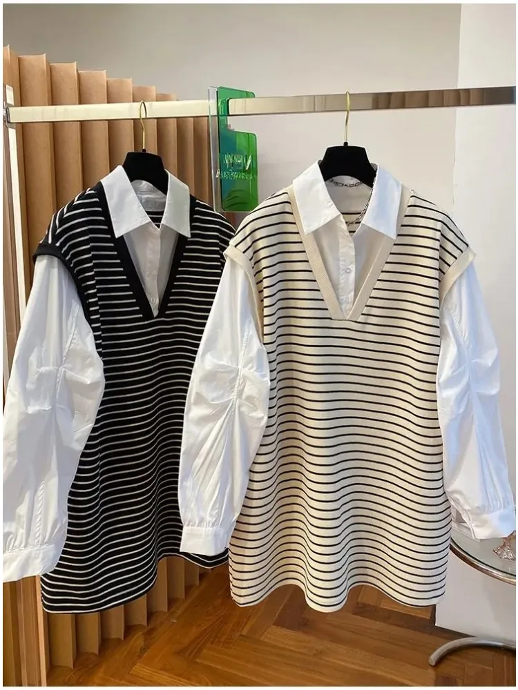 Spring Autumn Women Shirt Design Oversized Large Size Fashion Casual Fake Two-piece Striped Sweatshirt Spliced Shirt for Women