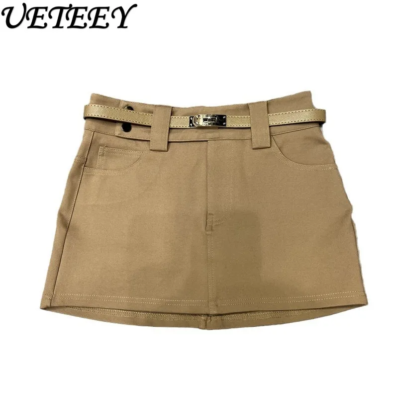 Pure Desire Spice Girl Sexy Hüftwickel mit Gürtel Kurzer Rock Frühling Sommer Einfarbig Schlankheits-Miniröcke für Frauen Faldas