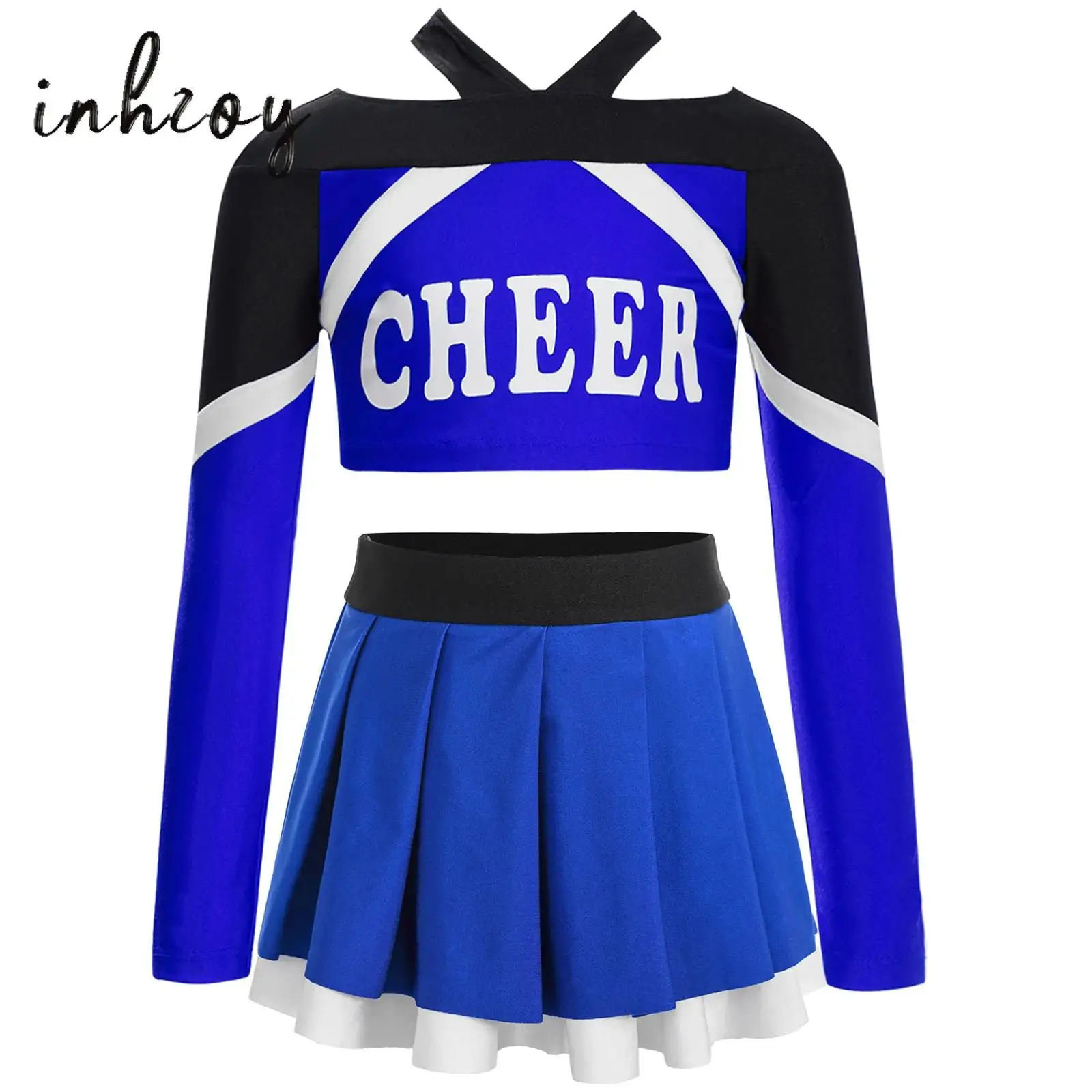 

2Pcs Kids Girls Cheerleading Uniform Jazz Dance Performance Costume Long Sleeve Letter Print Color Block Crop Top+Pleated Skirt