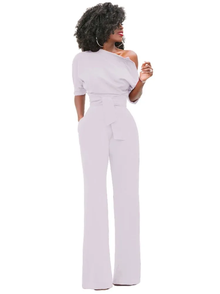 Womens Jumpsuit Fashionable Slant Collar Short Sleeve Slim Lace-up Wide Leg White Elegant Jumpsuit 2024 Jumpsuit Trousers Female