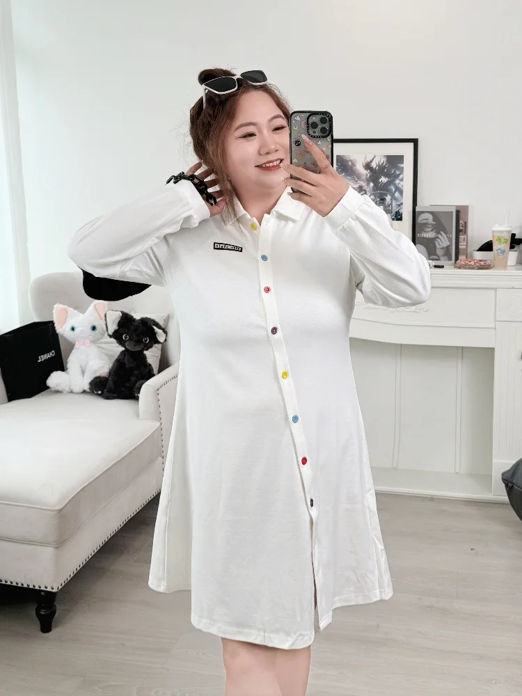 

plus Size Women's Summer Fashion Neck Dress Meat Concealing 200 Pounds Cotton Polyester Spandex Blend Long Sleeve Dress