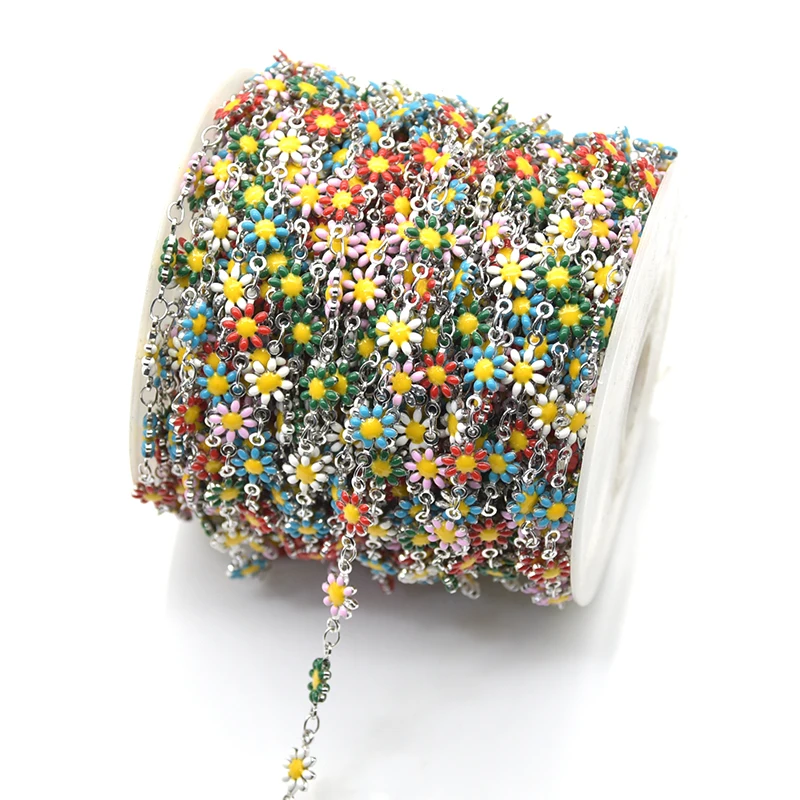 1 Meter Colorful Flower Chain Inlaid Enamel Daisy Handmade Brass Chains Link Roll with Spool for Crafts Jewelry Making