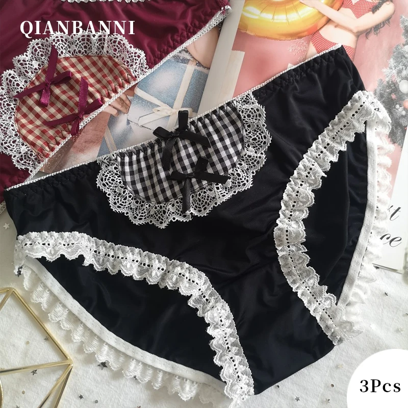 

3PCS Girls' Japanese underwear, cute ice silk women's lace hip-covering plaid lace servant outfit innocent triangle underwear