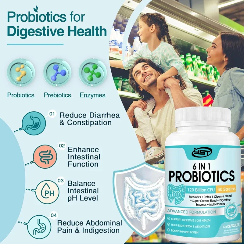 Male and female probiotics, containing 120 billion colony units, used for weight loss, intestinal health, and immune support